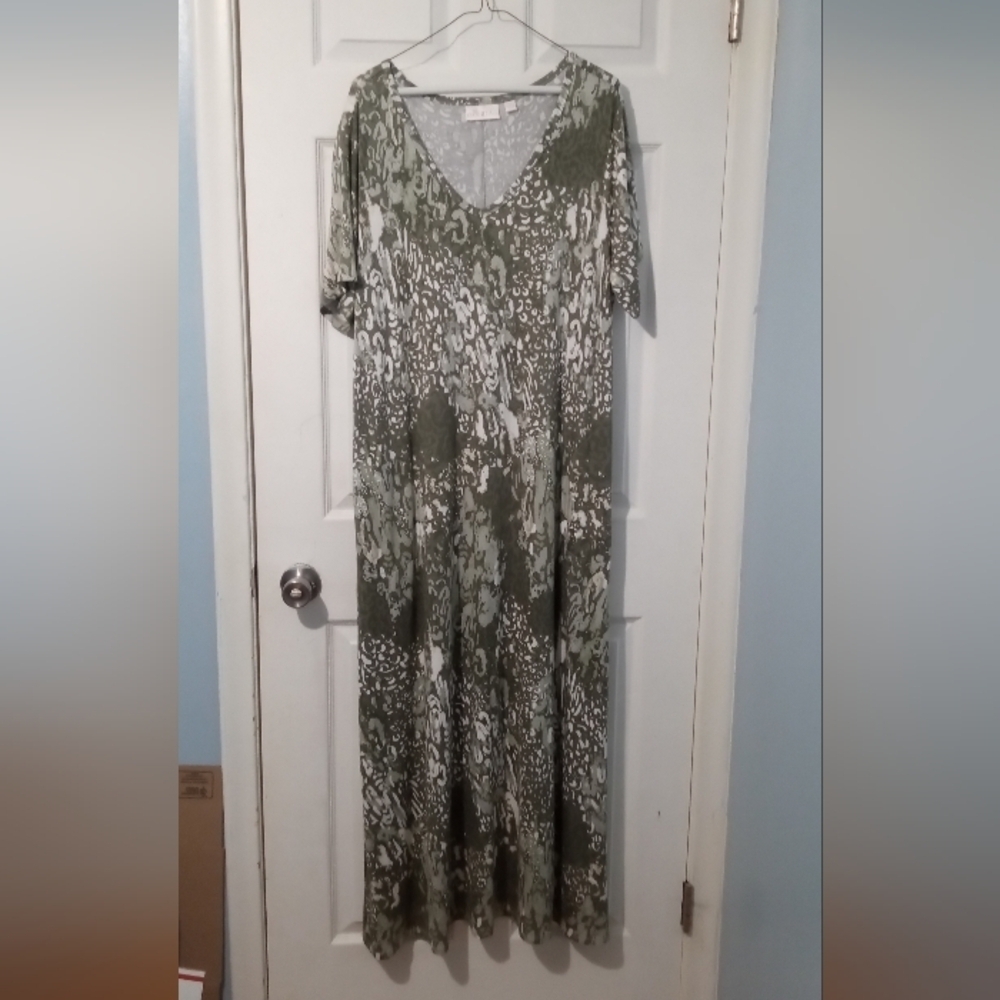 Belle by Kim Gravel Olive and Cream Patterned Maxi Dress